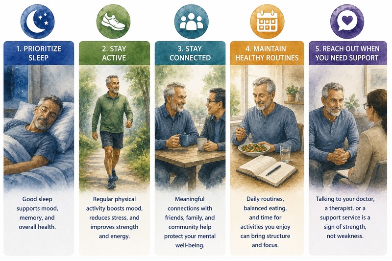 5 Ways to Support Men's Mental Health Infographic highlighting five ways men can support their mental health: prioritize sleep, stay active, stay connected, maintain healthy routines, and reach out for support when needed.