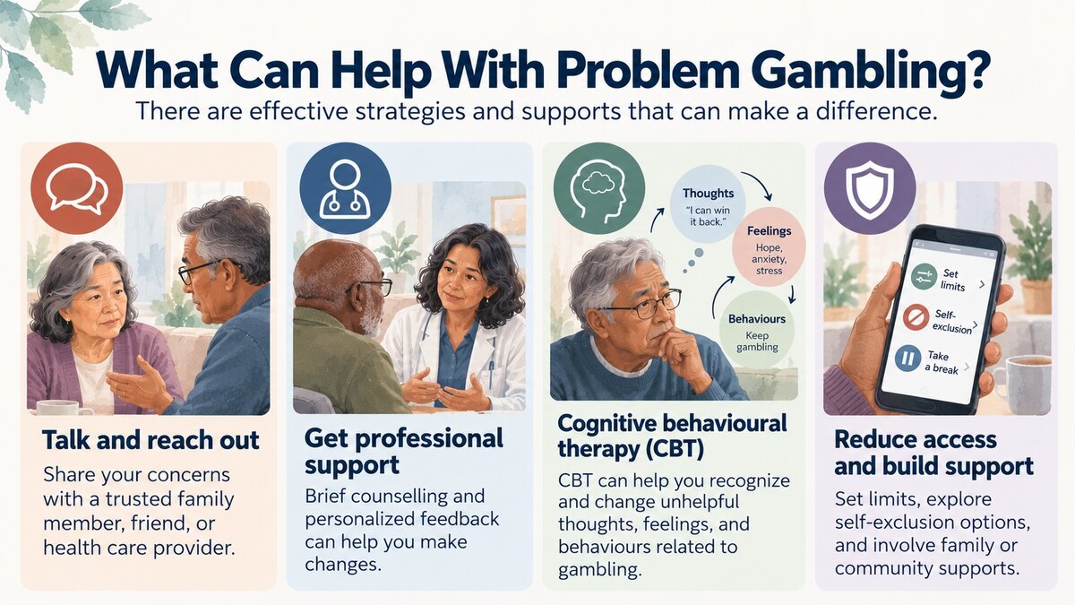 Strategies and supports for problem gambling: reaching out, professional support, cognitive behavioural therapy, and reducing access to gambling.